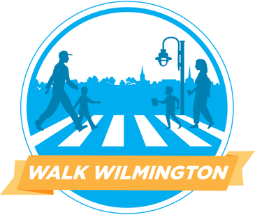 Walk Wilmington project logo showing silhouettes of children and adults using a crosswalk. 